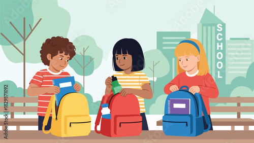 Kids packing backpacks outside after recess. Ideal for school routine visuals, student responsibility themes, and outdoor learning lifestyle concepts.