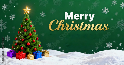 Merry Christmas Background with Tree, Gifts and Snow