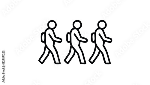 Three figures walking in a line with backpacks on white background people group