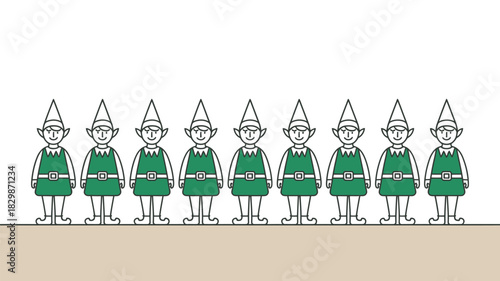 A line of nine cartoon elves wearing green outfits and hats standing on a light brown surface area