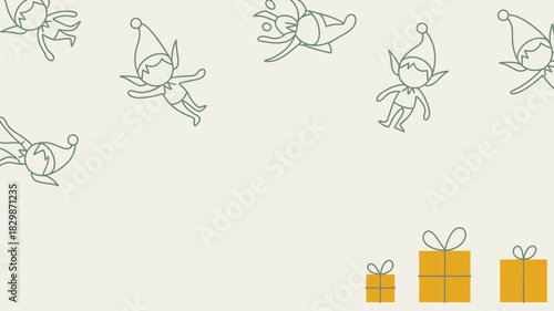 Outlined elves and gifts on a cream background create a festive christmas holiday illustration theme