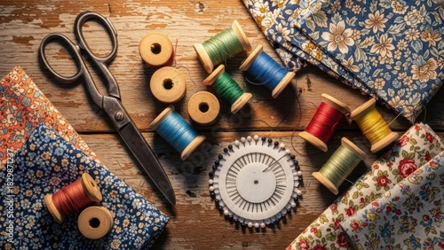 Overhead view of vintage sewing supplies including scissors colorful thread spools and floral fabric on a rustic wooden table