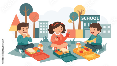 Kids enjoying picnic lunch together outdoors at school. Ideal for social learning, group bonding, healthy habits, and playful outdoor activity visuals