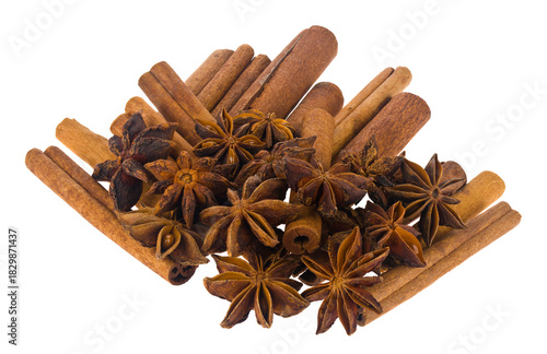Anise and cinnamon sticks isolated on white background.