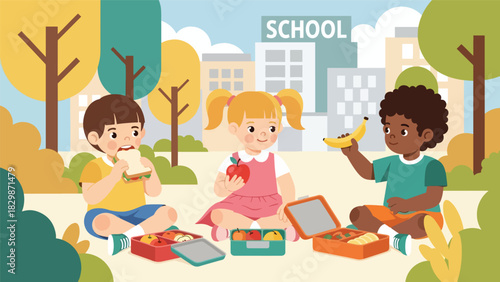 Kids enjoying picnic lunch together outdoors at school. Ideal for social learning, group bonding, healthy habits, and playful outdoor activity visuals