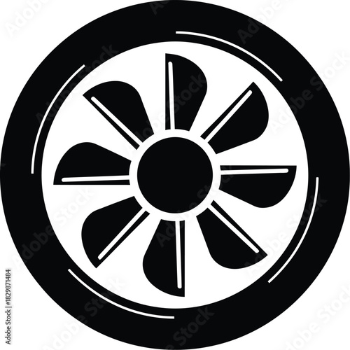 Black silhouette of a circular fan with eight curved blades and a central hub