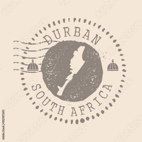 Stamp Postal Durban is a city of South Africa. Map Silhouette rubber Seal.  Design Retro Travel. Seal  Map Durban grunge  for your design. South Africa.  EPS10