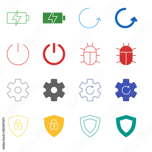 Flat Colored System Utility Icon Set in Outline and Solid Style for Device Status and Security Management