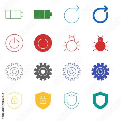 Flat Colored System Utility Icon Set in Outline and Solid Style for Device Status and Security Management