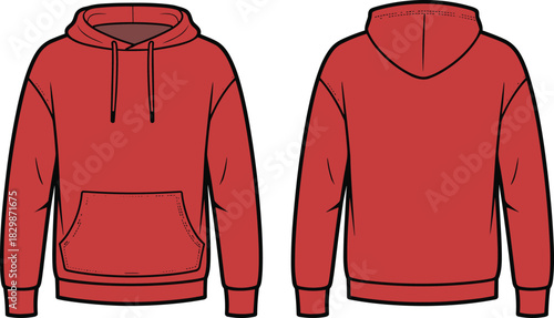 Red hoodie, sweatshirt front back view, fashion mockup, apparel template, casual wear, clothing design, blank garment, streetwear illustration, unisex hoodie