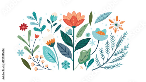 Whimsical floral composition with diverse flowers and leaves in muted colors illustration
