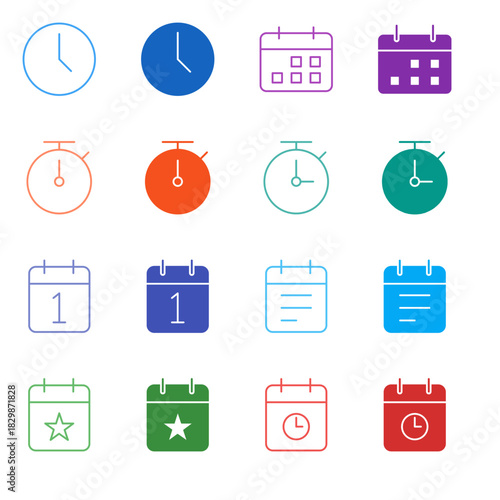 Flat Colored Time and Calendar Icon Set in Outline and Solid Style for Scheduling and Productivity Management