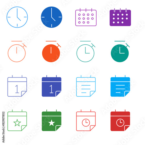Flat Colored Time and Calendar Icon Set in Outline and Solid Style for Scheduling and Productivity Management