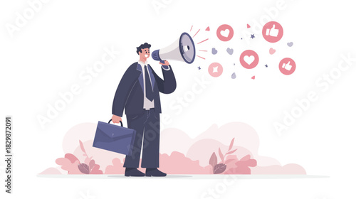 Businessman using a megaphone for marketing promotion, creating social media engagement with likes and hearts. Communication concept.