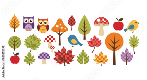 A delightful collection of flat design autumn nature elements, featuring colorful trees, diverse leaves, charming owls, birds, mushrooms, and red apples.
