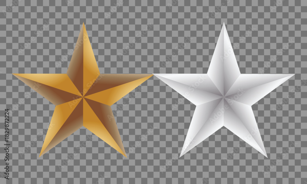 Obraz premium Two realistic metallic stars one gold and one silver on a transparent background