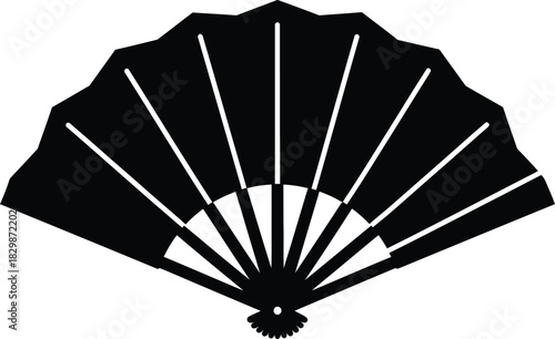 Elegant black silhouette of a traditional folding fan with thin ribs and a decorative base