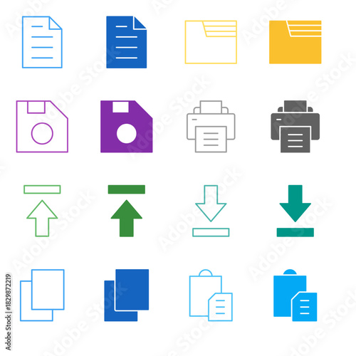 Flat Colored File Management Icon Set in Outline and Solid Style for Document and Data Operations