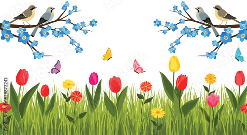 Two pairs of birds perch on blooming blue branches above a vibrant meadow filled with colorful spring flowers and playful butterflies.