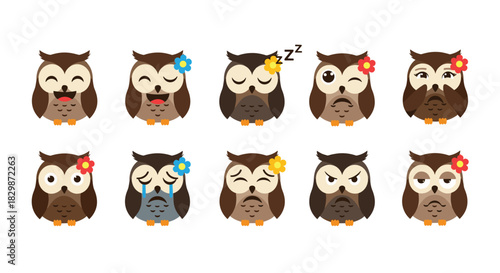 A comprehensive set of cute cartoon owl emojis, illustrating diverse emotions like joy, slumber, surprise, sorrow, and anger.