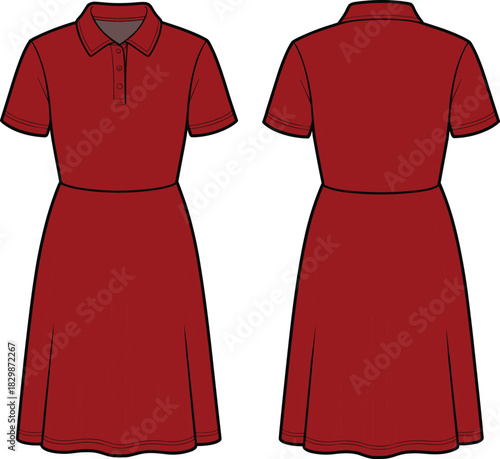 Red polo dress, short sleeve, flared skirt, front back view, casual outfit, modest fashion, apparel mockup, clothing template, stylish design, retail illustration