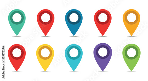 Collection of ten colorful map location pins in various hues, featuring a classic teardrop shape and central circle for navigation.