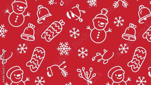 Christmas themed pattern featuring snowmen bells snowflakes and mittens on a red colored background