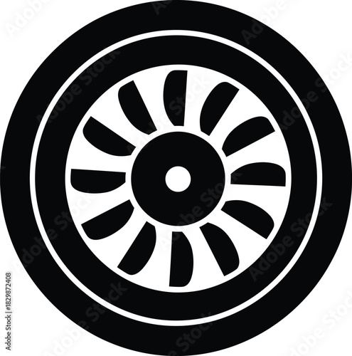 A detailed black silhouette of a car wheel with a sporty multi spoke design silhouette