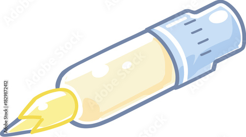 Cartoon medical auto-injector pen for medication delivery with yellow liquid and lightning bolt tip, health and emergency device.