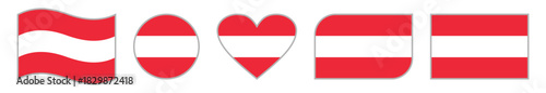 Austrian Flag Vector Collection Featuring Waving Banner, Circular Emblem, Heart Shape, Rounded Rectangle, and Classic Rectangular Design in Bold Red and White Stripes