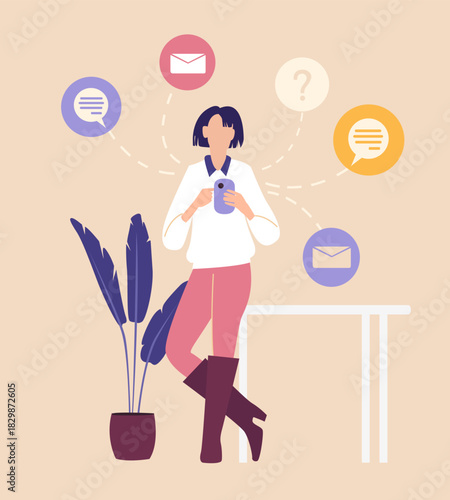 Creative young woman chatting and messaging with phone