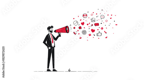 Businessman using a megaphone to broadcast social media messages and engagement icons. Digital marketing, promotion, and online communication concept.