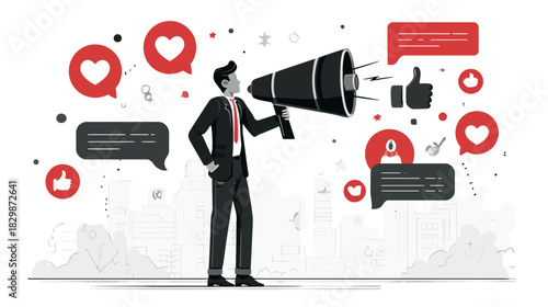 Businessman with Megaphone Announcing Social Media Marketing News, Digital Promotion, Online Communication, and Public Relations Strategy