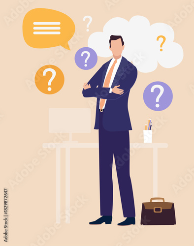 Thinking businessman, business person surrounded by question marks and speech bubbles