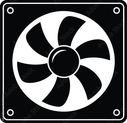 A black and white graphic illustration of a computer fan with curved blades in silhouette