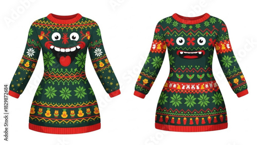 Festive ugly Christmas sweater dress with a cartoon monster face and holiday pattern, perfect for parties and fun seasonal promotions, originally a vector graphic