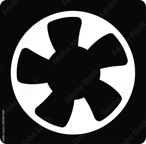 A black silhouette of a square fan with five blades inside a rounded square frame