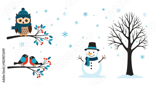 Cute winter scene with an owl and birds on snowy branches, a friendly snowman, and a bare tree under falling snowflakes.