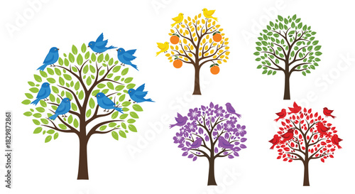 A vibrant collection of illustrated trees featuring colorful foliage, fruit, and various birds, symbolizing diversity in nature.