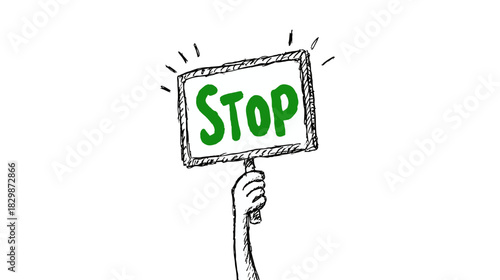 Hand holding a 'STOP' sign doodle sketch on white background, illustrating a warning, protest, or urgent intervention concept