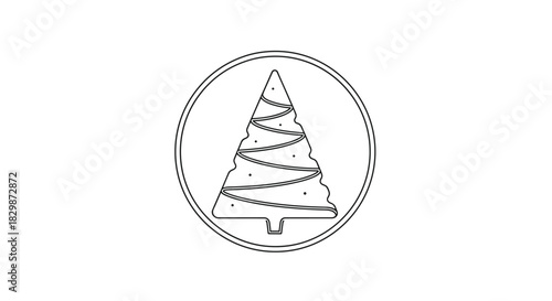 Black line drawing of a festive Christmas tree decorated with garland and small dots, enclosed within a circular frame, against a white background.