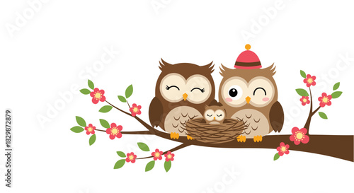An adorable cartoon owl family, featuring two adult owls and a baby in a nest, perched on a blossoming tree branch.