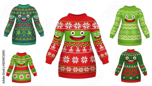 Festive holiday cheer with whimsical cartoon monster ugly sweaters for memorable Christmas parties and cozy winter celebrations, originally a scalable vector graphic