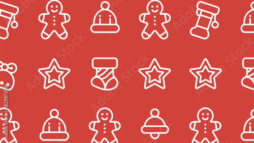 Christmas themed pattern with gingerbread men stars bells hats and stockings on a red background