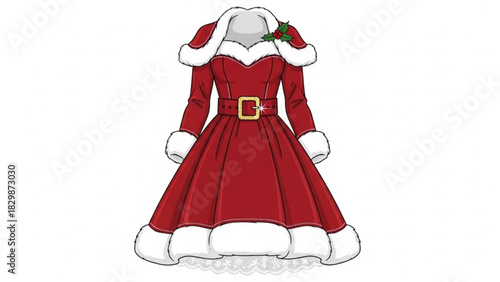 Festive Mrs Claus Dress with Holly Accent, Perfect for Holiday Cheer and Christmas Celebrations, Costume Design with Fur Trim and Elegant Silhouette