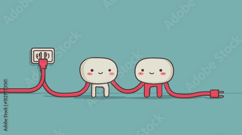 Cute cartoon characters connected by a red electrical cord to a wall socket, illustrating digital connection, energy, or sharing
