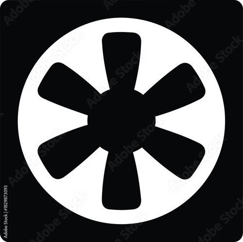 A simple black silhouette of a six bladed fan within a square frame