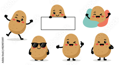 Cute cartoon potato characters set with different emotions and poses, including happy, winking, wearing sunglasses, and holding a blank sign.