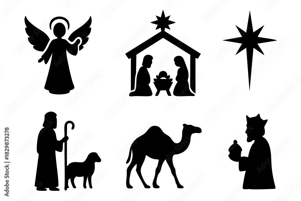 Fototapeta premium Different christmas Bible story silhouette icons set simple design. Vector stock illustration