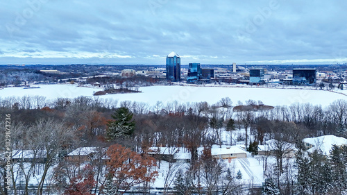 Aerial photography of light snow covered Normandale Lake, Bloomington, Minnesota	
